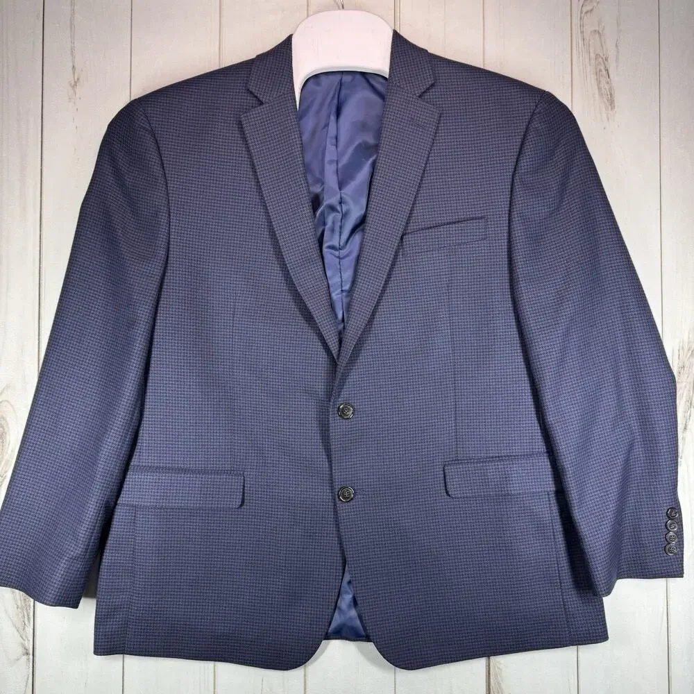 Chaps Mens Blue Houndstooth Two Button Blazer Sport Coat Jacket Size 46R